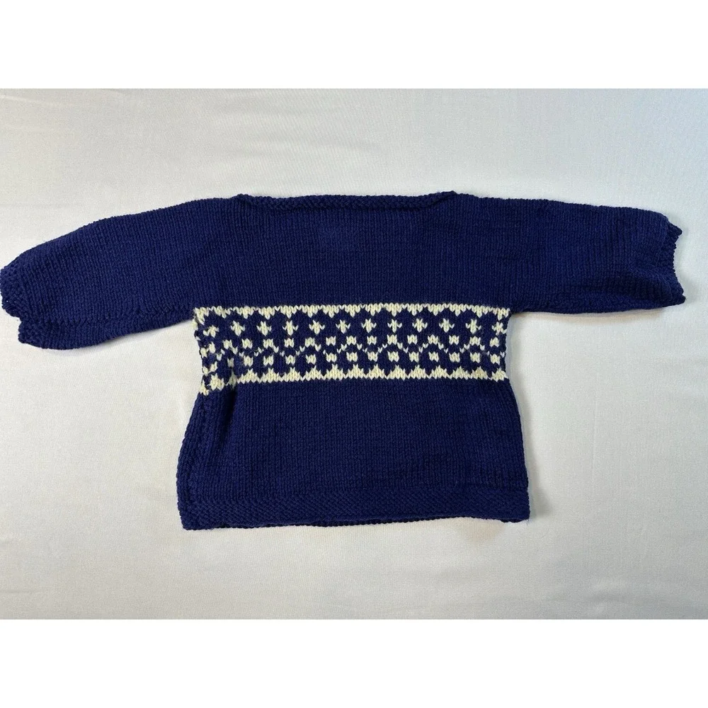 Vtg‎ Handmade Knit Baby Sweater Fair Isle Boatneck Blue Cozy Size 3-6 Months